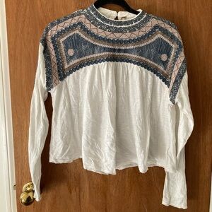 Free People White Blouse with Blue and Pink Embroidered Yoke